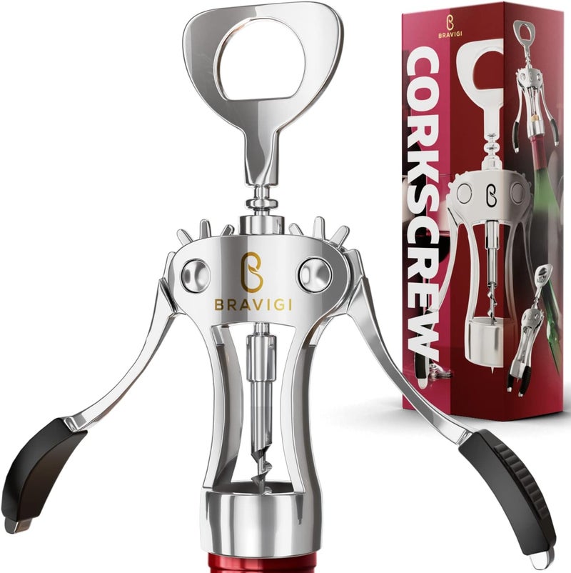 BRAVIGI Premium Wine Opener, Wing Corkscrew - Made w/Heavy Duty Stainless Steel Screw & Zinc Alloy Body - Perfect Corkscrew to Open Wine & Beer Bottles - Great Bootle Opener For Bartenders, Restaurants & Home - Image 1